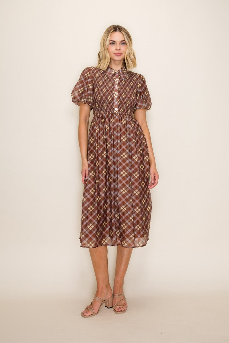 Plaid Print Smocked Bodice Dress