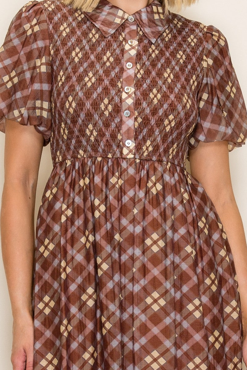 Plaid Print Smocked Bodice Dress