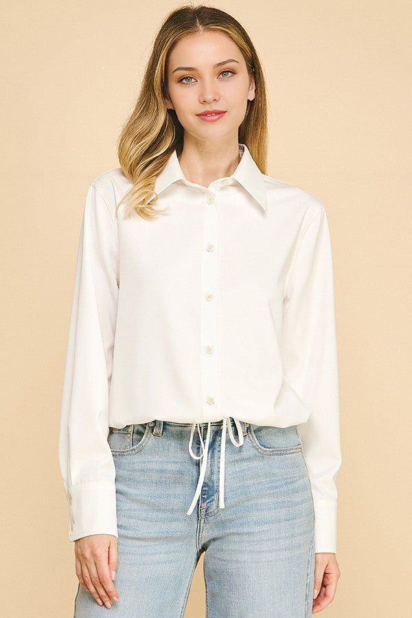 Satin Drawstring Front Tie Hem Dress Shirt Blouse
