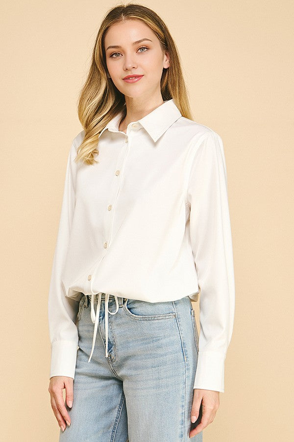 Satin Drawstring Front Tie Hem Dress Shirt Blouse
