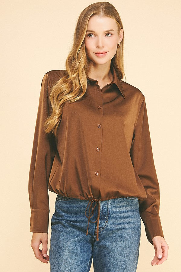 Satin Drawstring Front Tie Hem Dress Shirt Blouse