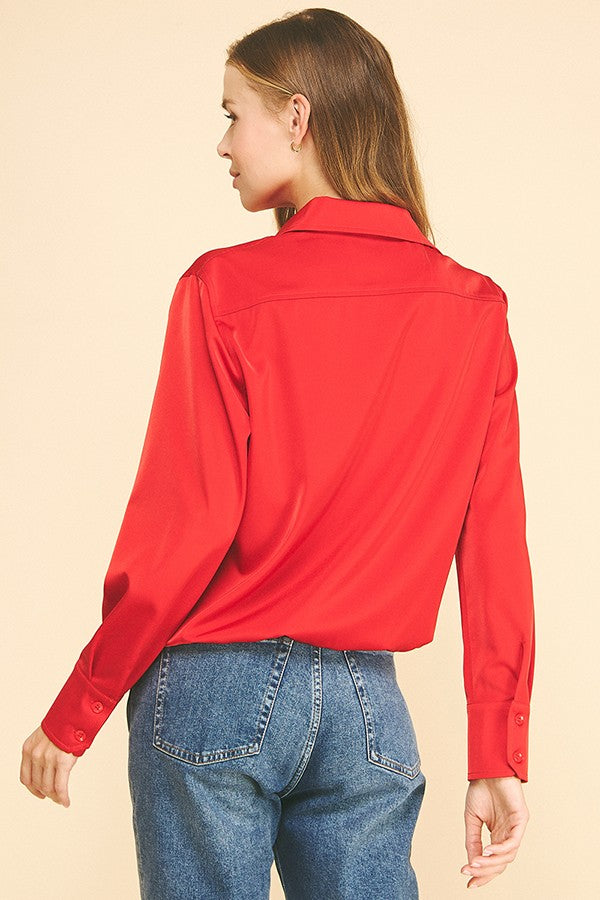 Satin Drawstring Front Tie Hem Dress Shirt Blouse