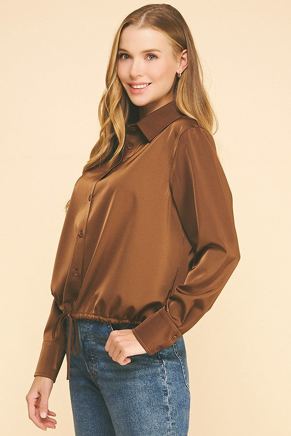 Satin Drawstring Front Tie Hem Dress Shirt Blouse
