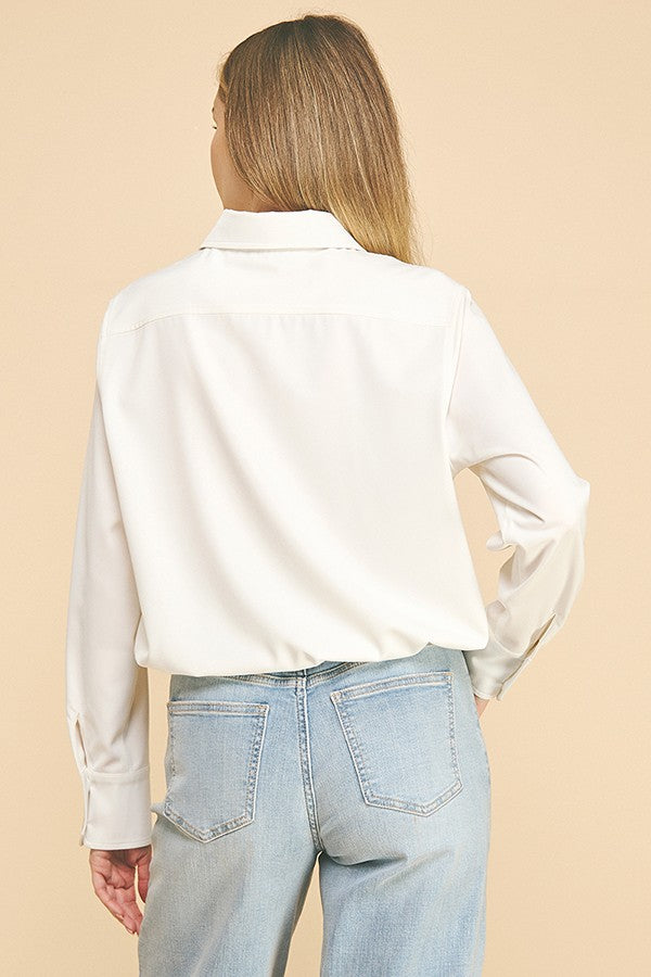 Satin Drawstring Front Tie Hem Dress Shirt Blouse