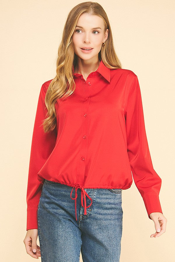 Satin Drawstring Front Tie Hem Dress Shirt Blouse