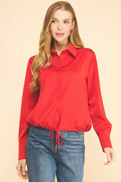 Satin Drawstring Front Tie Hem Dress Shirt Blouse