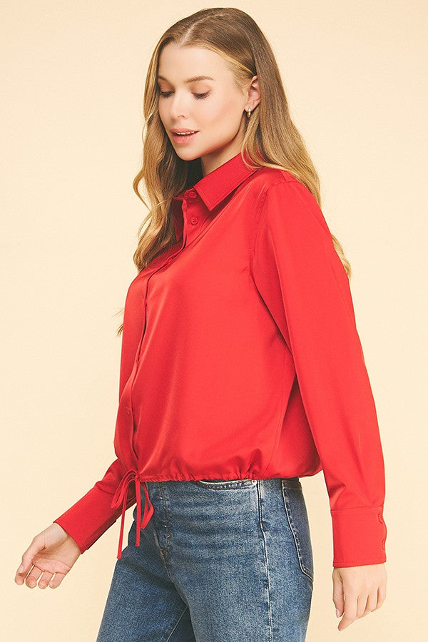 Satin Drawstring Front Tie Hem Dress Shirt Blouse