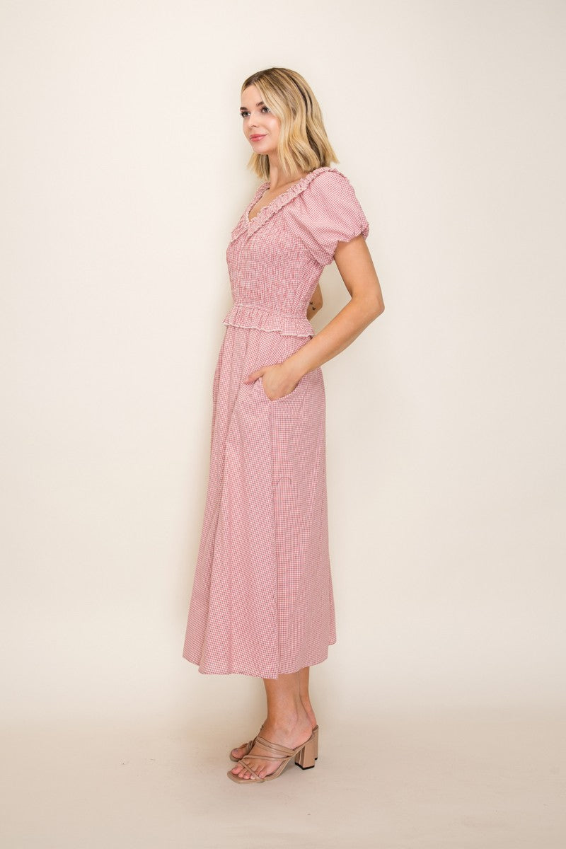 Smocked Bodice V-neck Ruffle Dress
