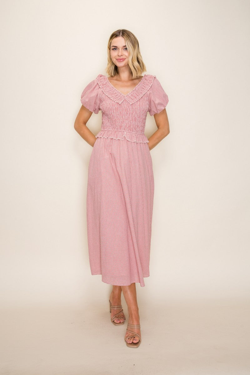 Smocked Bodice V-neck Ruffle Dress