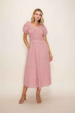 Smocked Bodice V-neck Ruffle Dress