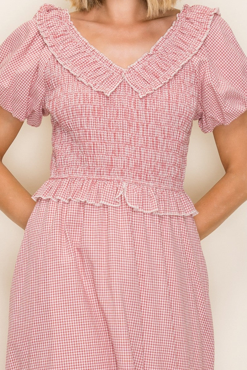 Smocked Bodice V-neck Ruffle Dress
