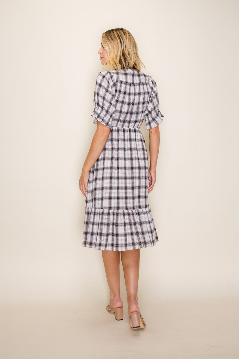 Plaid Ruffle Yoke Puff Sleeve Midi Dress