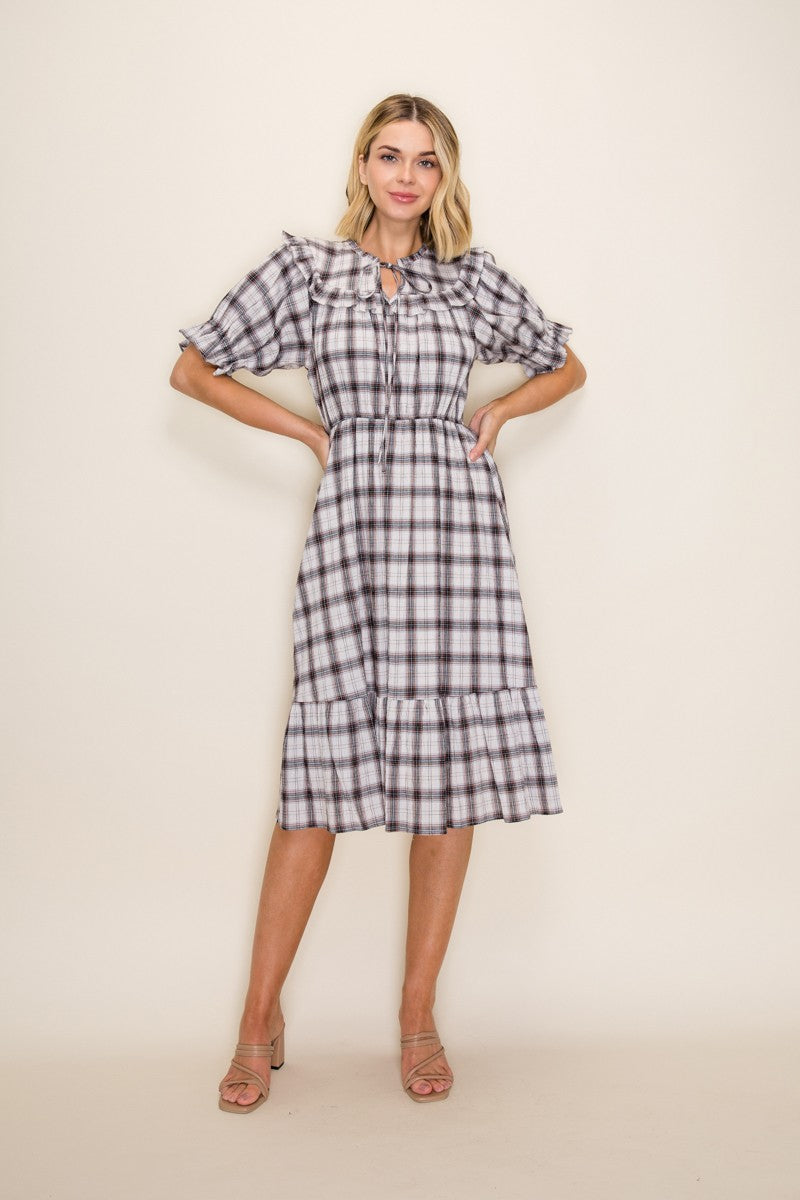 Plaid Ruffle Yoke Puff Sleeve Midi Dress