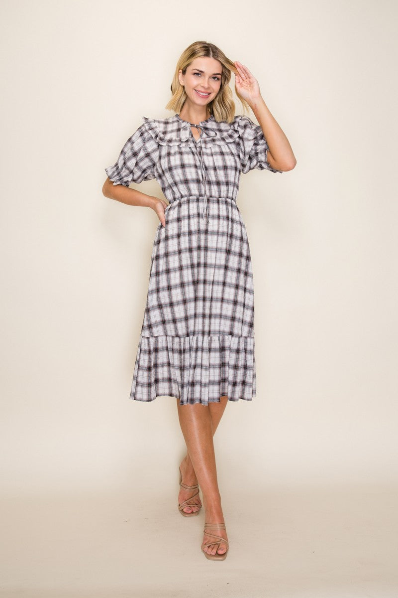 Plaid Ruffle Yoke Puff Sleeve Midi Dress