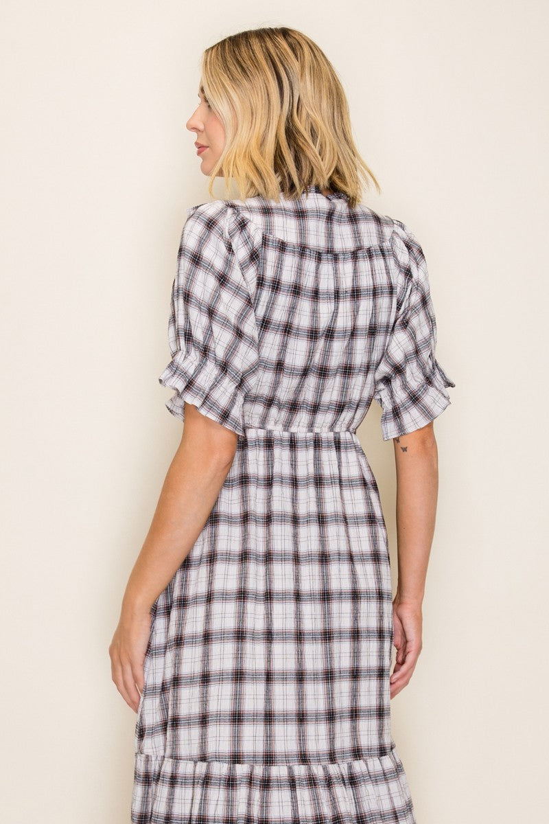 Plaid Ruffle Yoke Puff Sleeve Midi Dress