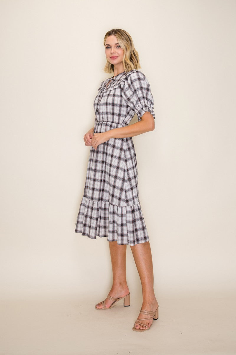 Plaid Ruffle Yoke Puff Sleeve Midi Dress