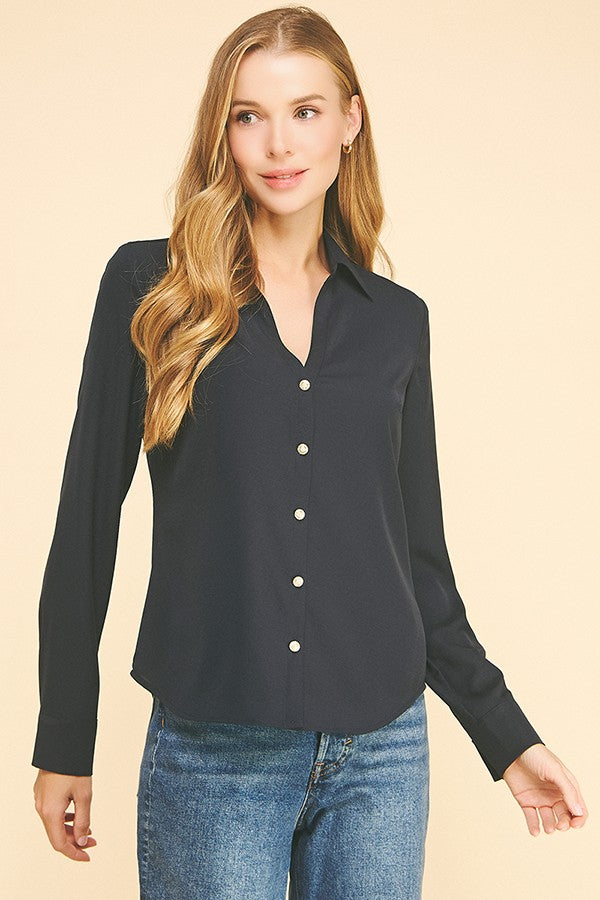 Textured Crepe Pearl Rhinestone Button Dress Shirt Blouse