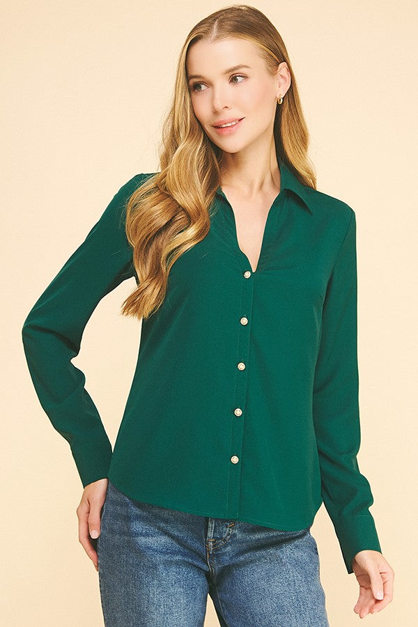 Textured Crepe Pearl Rhinestone Button Dress Shirt Blouse