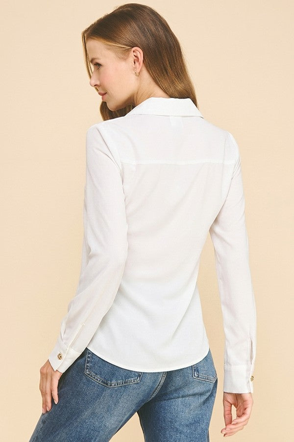 Textured Crepe Pearl Rhinestone Button Dress Shirt Blouse