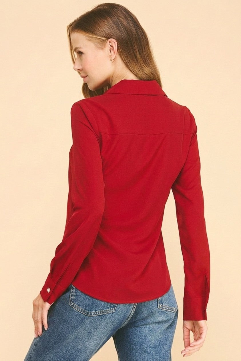 Textured Crepe Pearl Rhinestone Button Dress Shirt Blouse