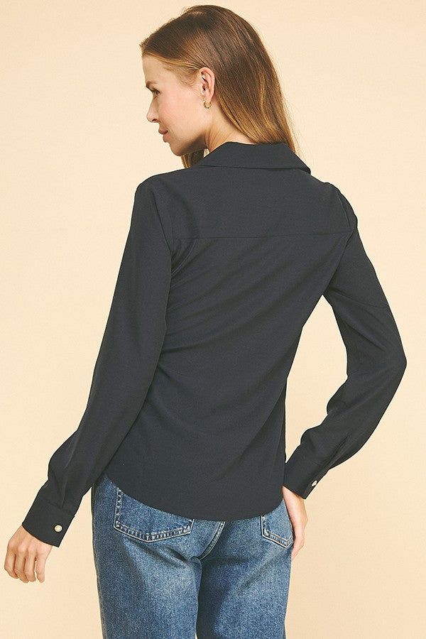 Textured Crepe Pearl Rhinestone Button Dress Shirt Blouse