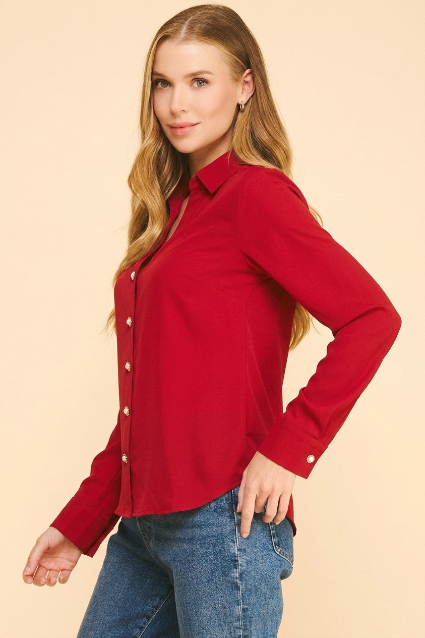 Textured Crepe Pearl Rhinestone Button Dress Shirt Blouse