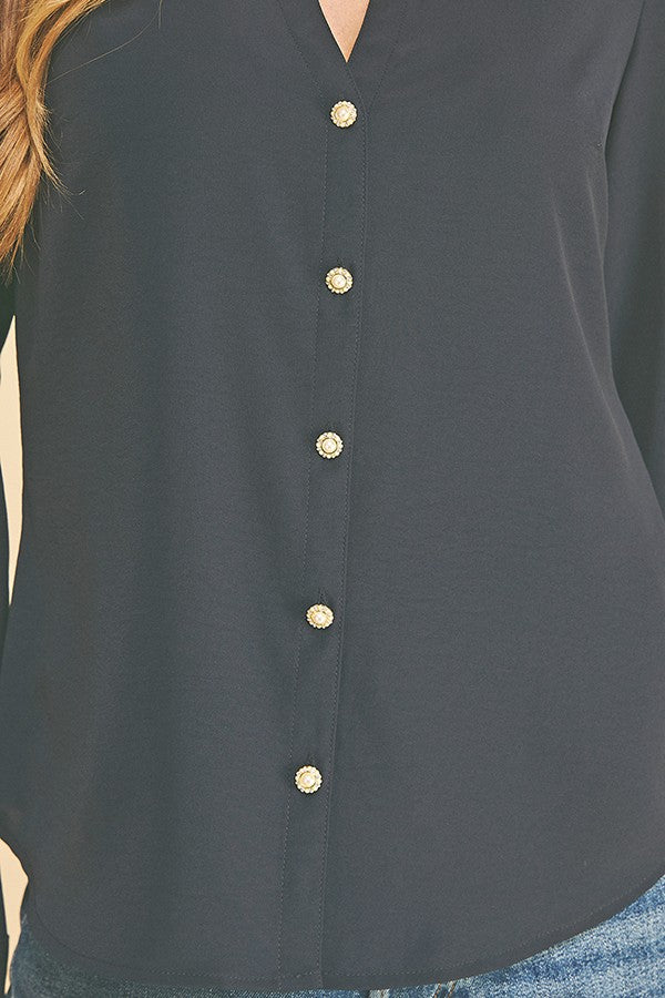 Textured Crepe Pearl Rhinestone Button Dress Shirt Blouse