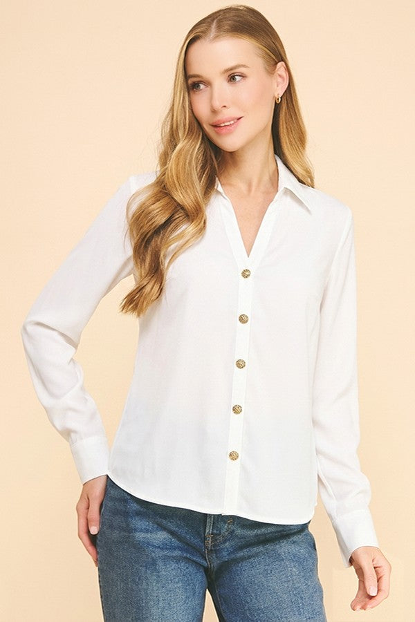 Textured Crepe Pearl Rhinestone Button Dress Shirt Blouse