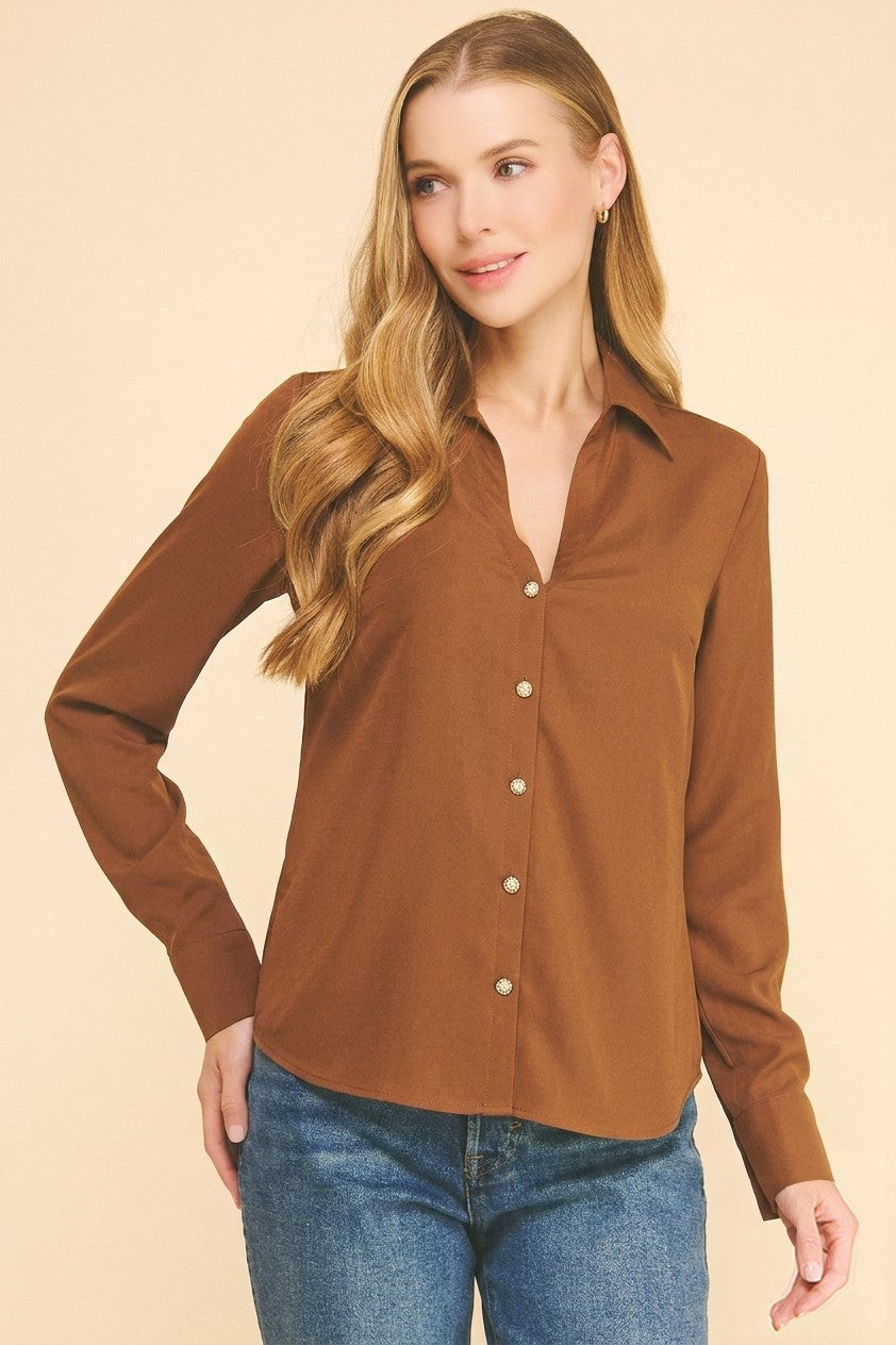 Textured Crepe Pearl Rhinestone Button Dress Shirt Blouse