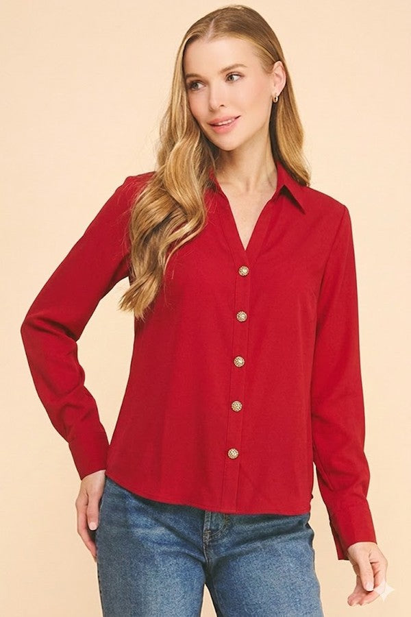 Textured Crepe Pearl Rhinestone Button Dress Shirt Blouse