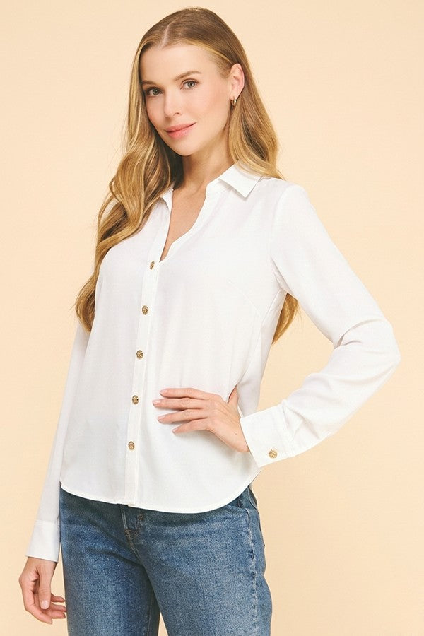 Textured Crepe Pearl Rhinestone Button Dress Shirt Blouse