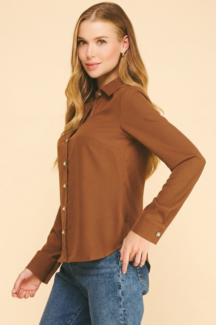 Textured Crepe Pearl Rhinestone Button Dress Shirt Blouse