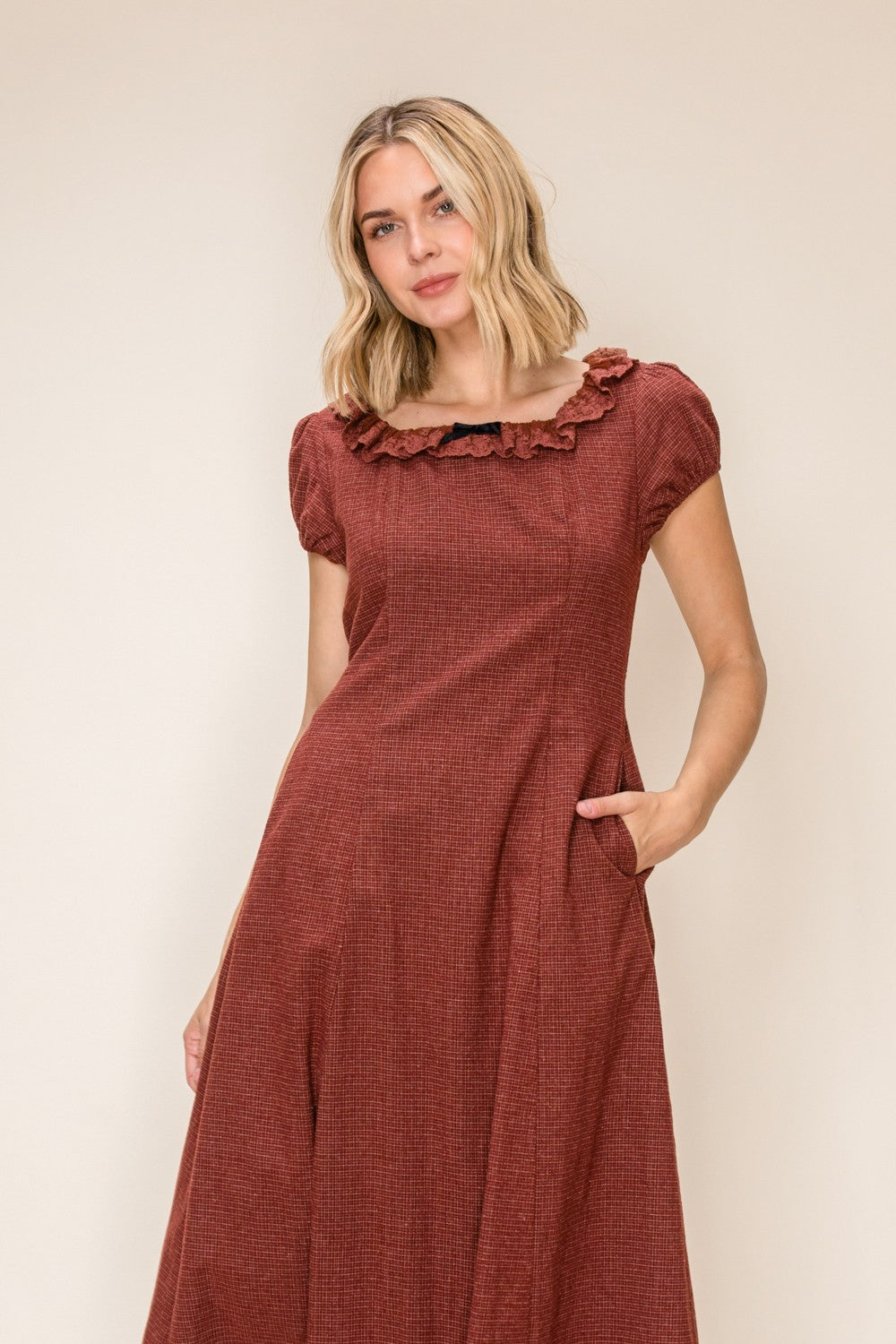 Gingham Ruffle Detail Midi Dress