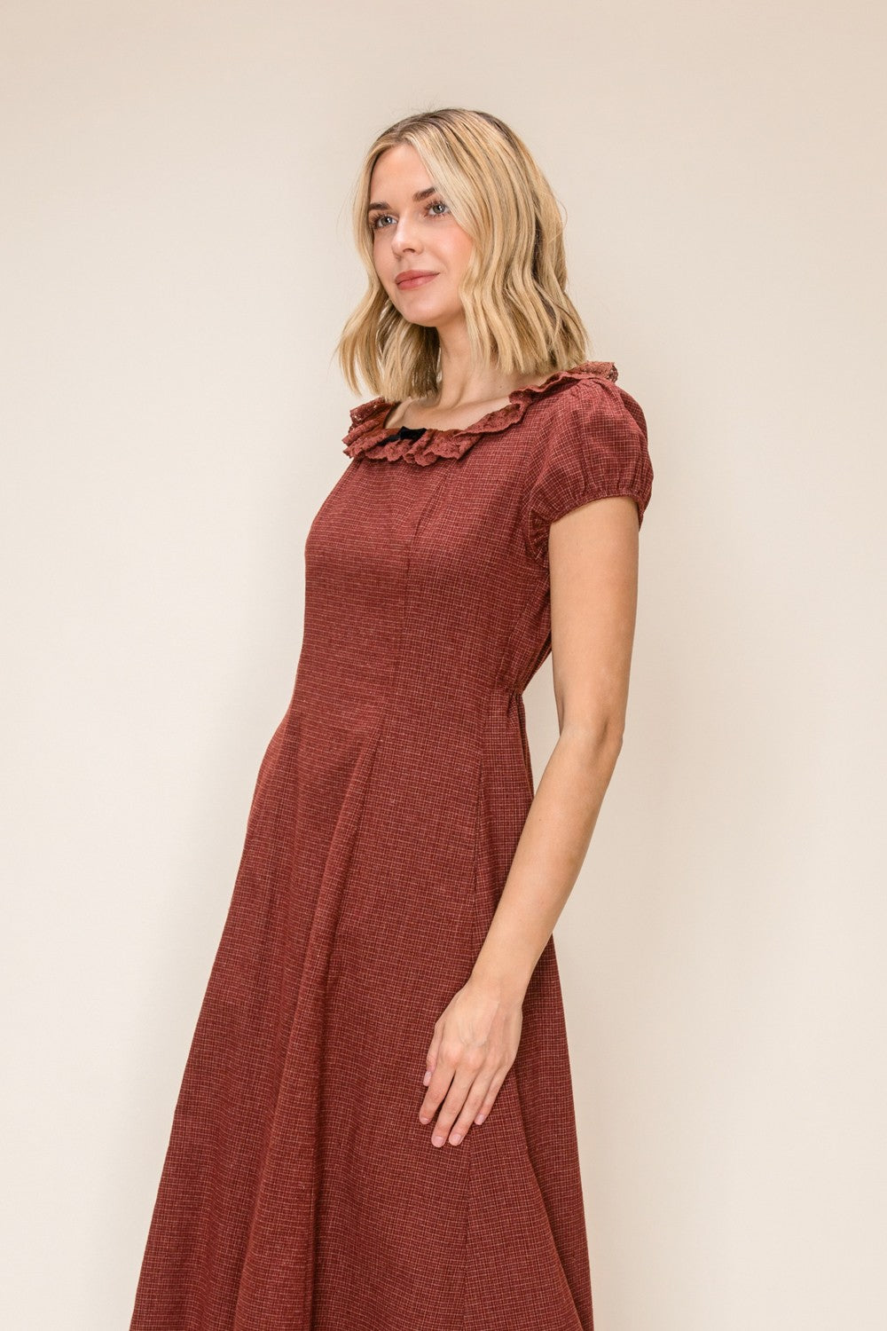 Gingham Ruffle Detail Midi Dress
