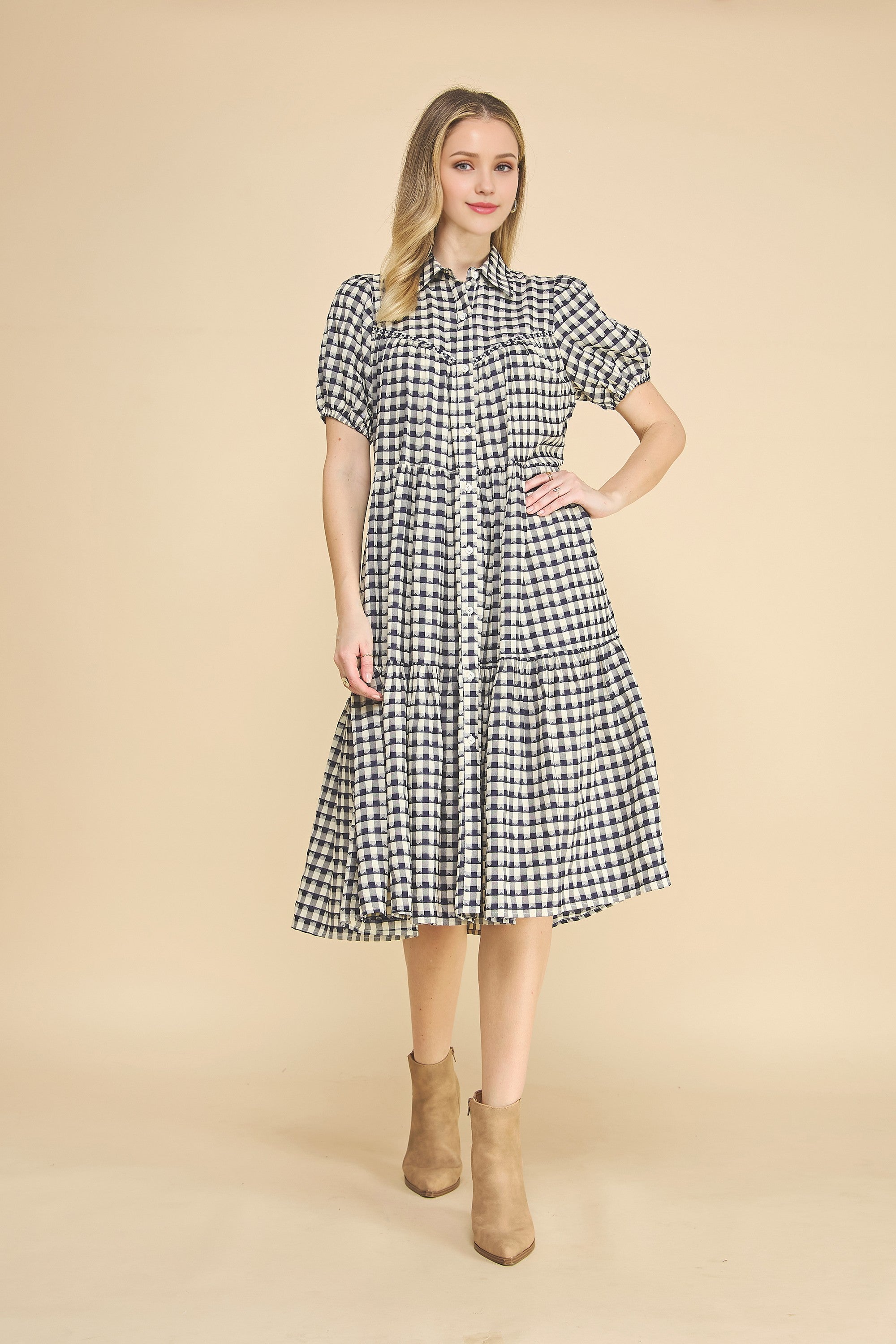 Plaid Button Down Collared Midi Dress