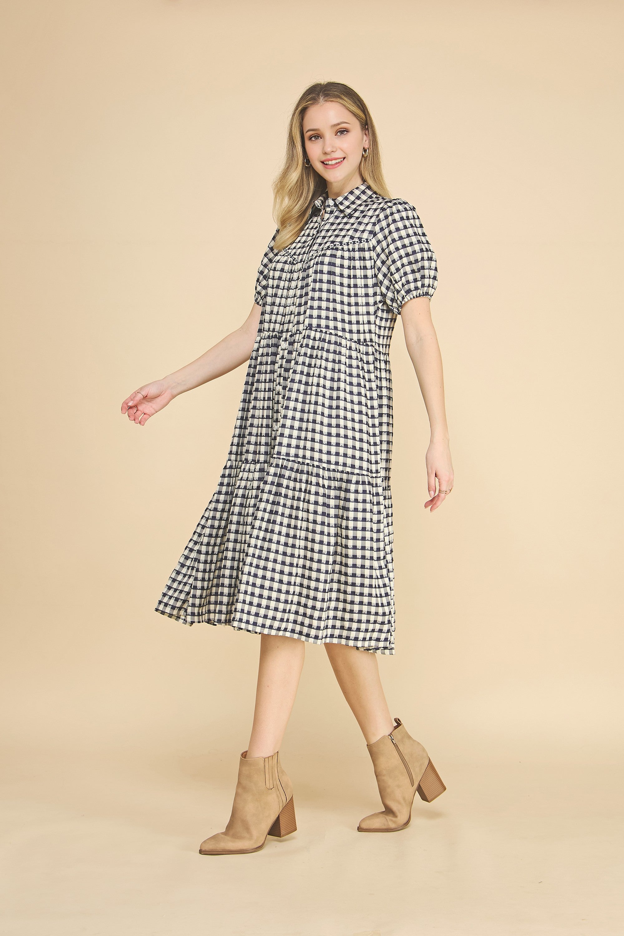 Plaid Button Down Collared Midi Dress