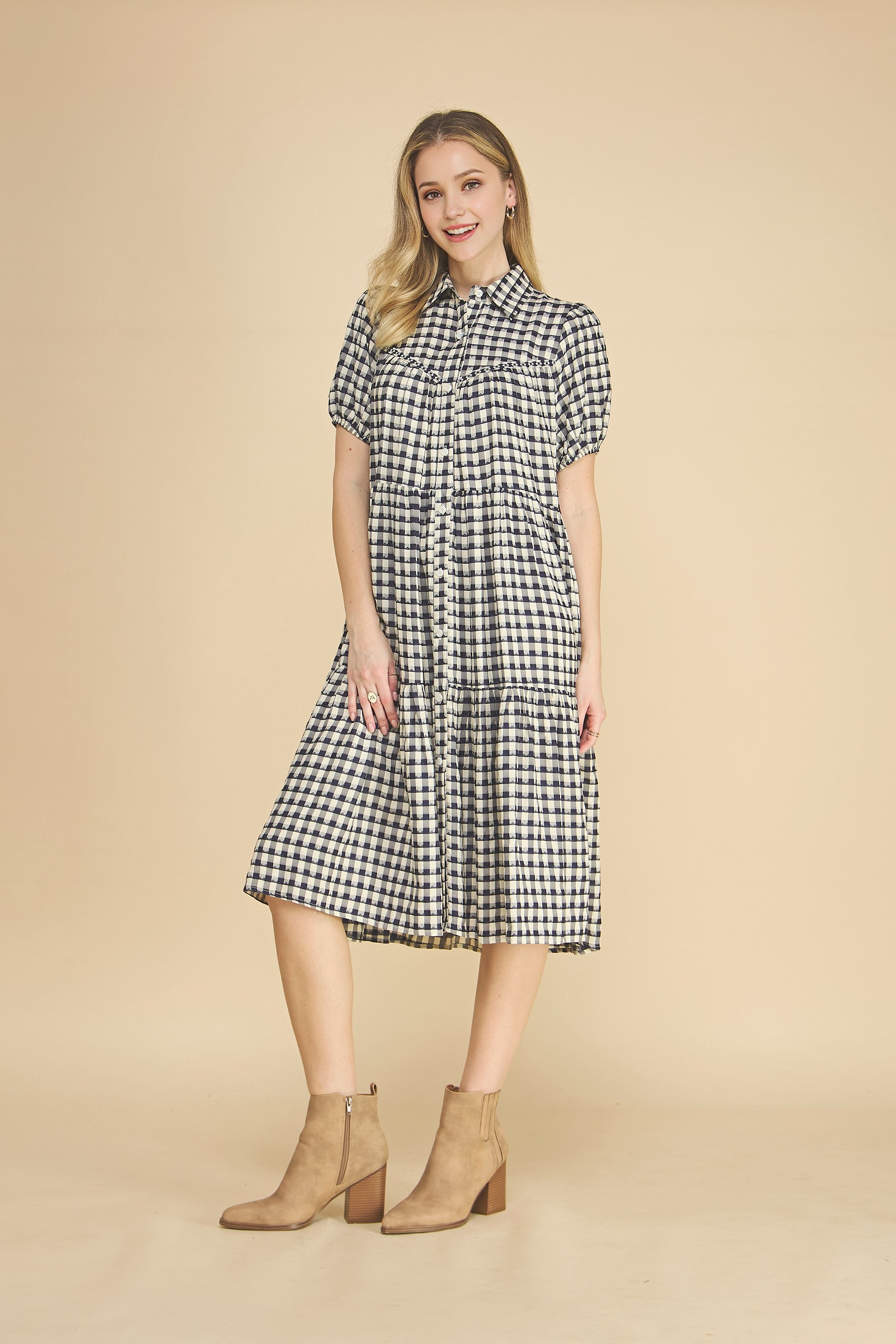 Plaid Button Down Collared Midi Dress