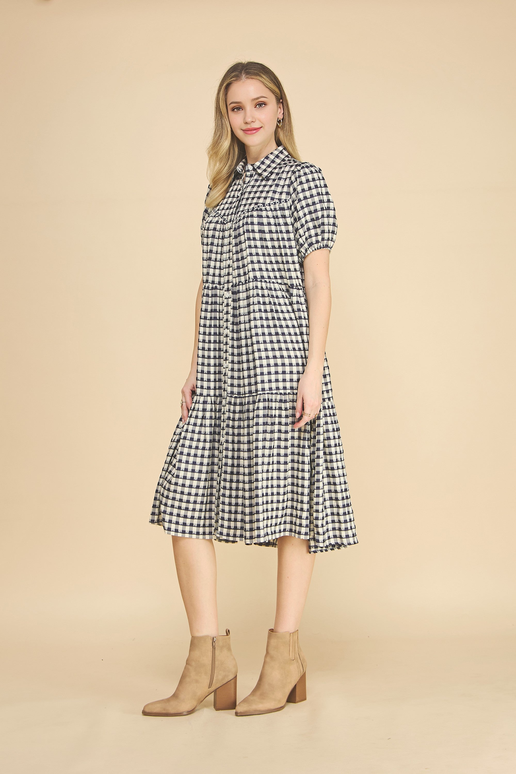 Plaid Button Down Collared Midi Dress