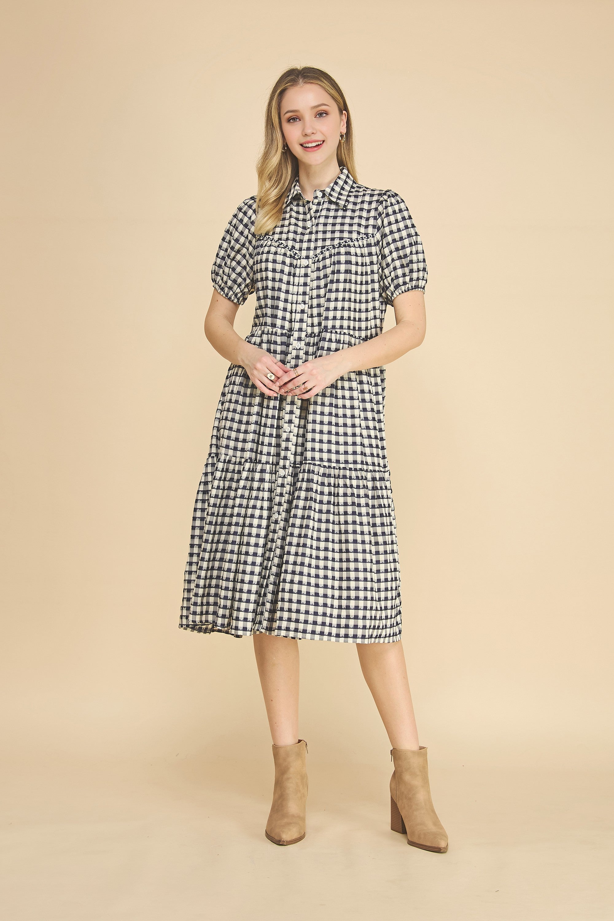 Plaid Button Down Collared Midi Dress