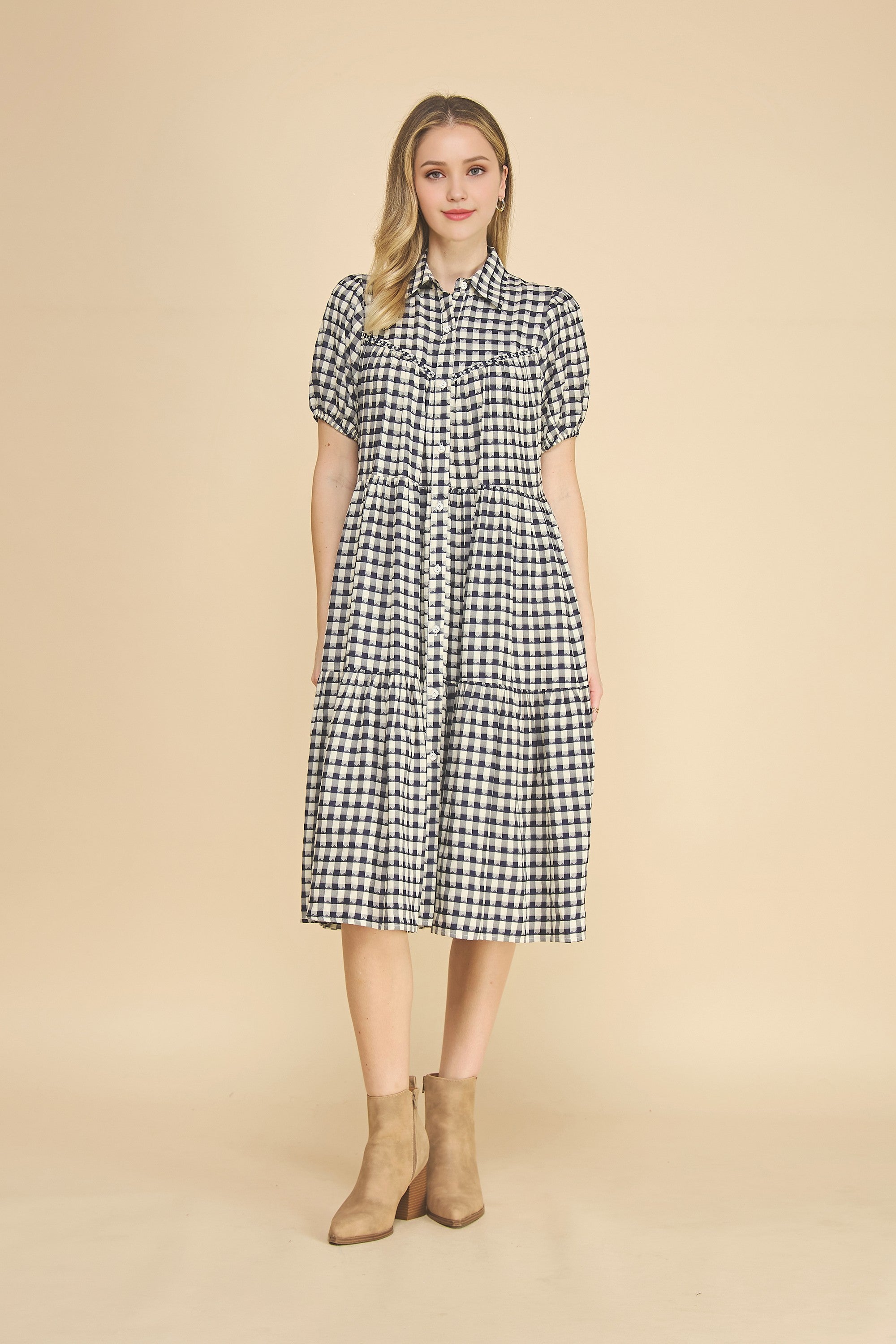 Plaid Button Down Collared Midi Dress