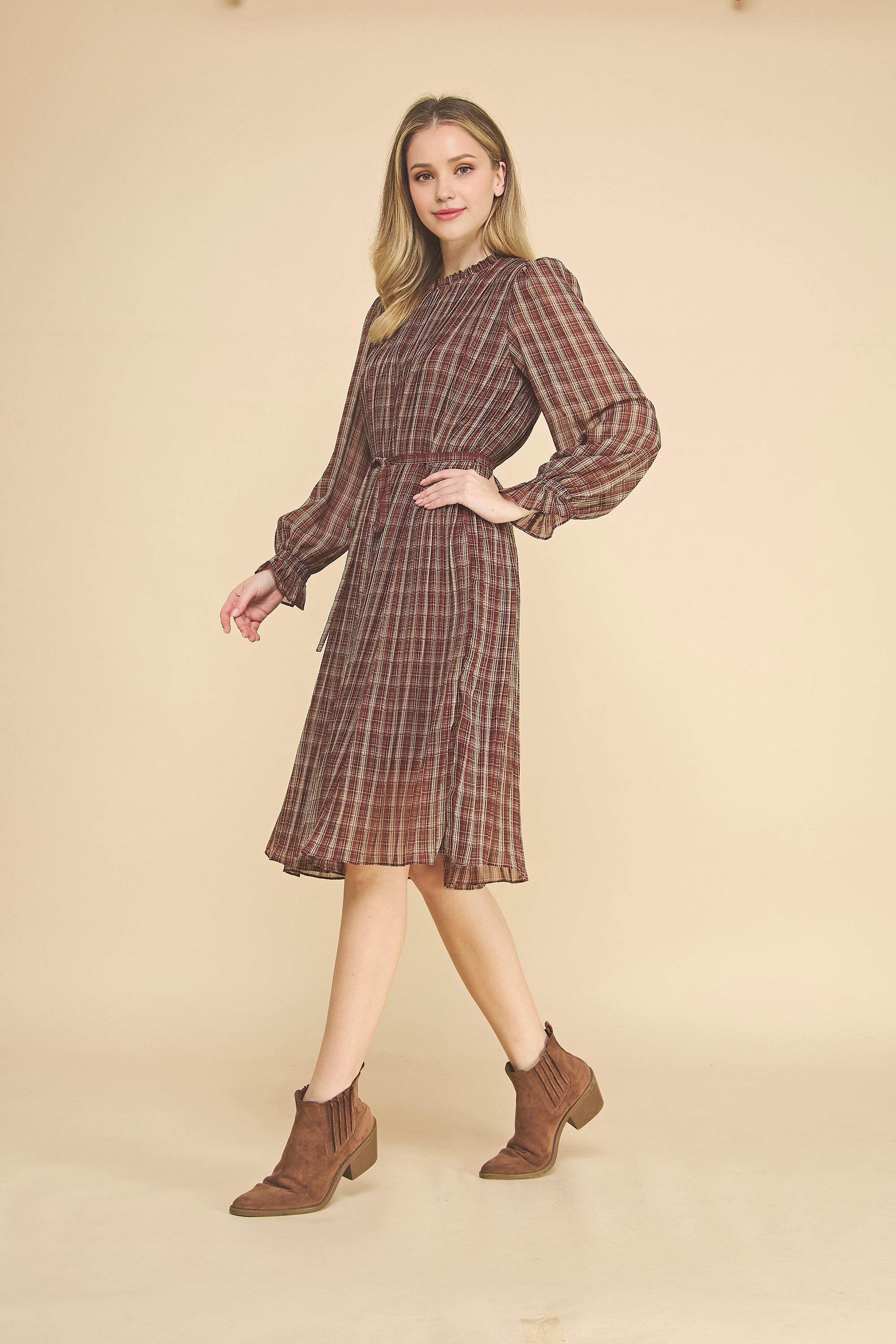 Women's Plaid Waist Tie Midi Dress