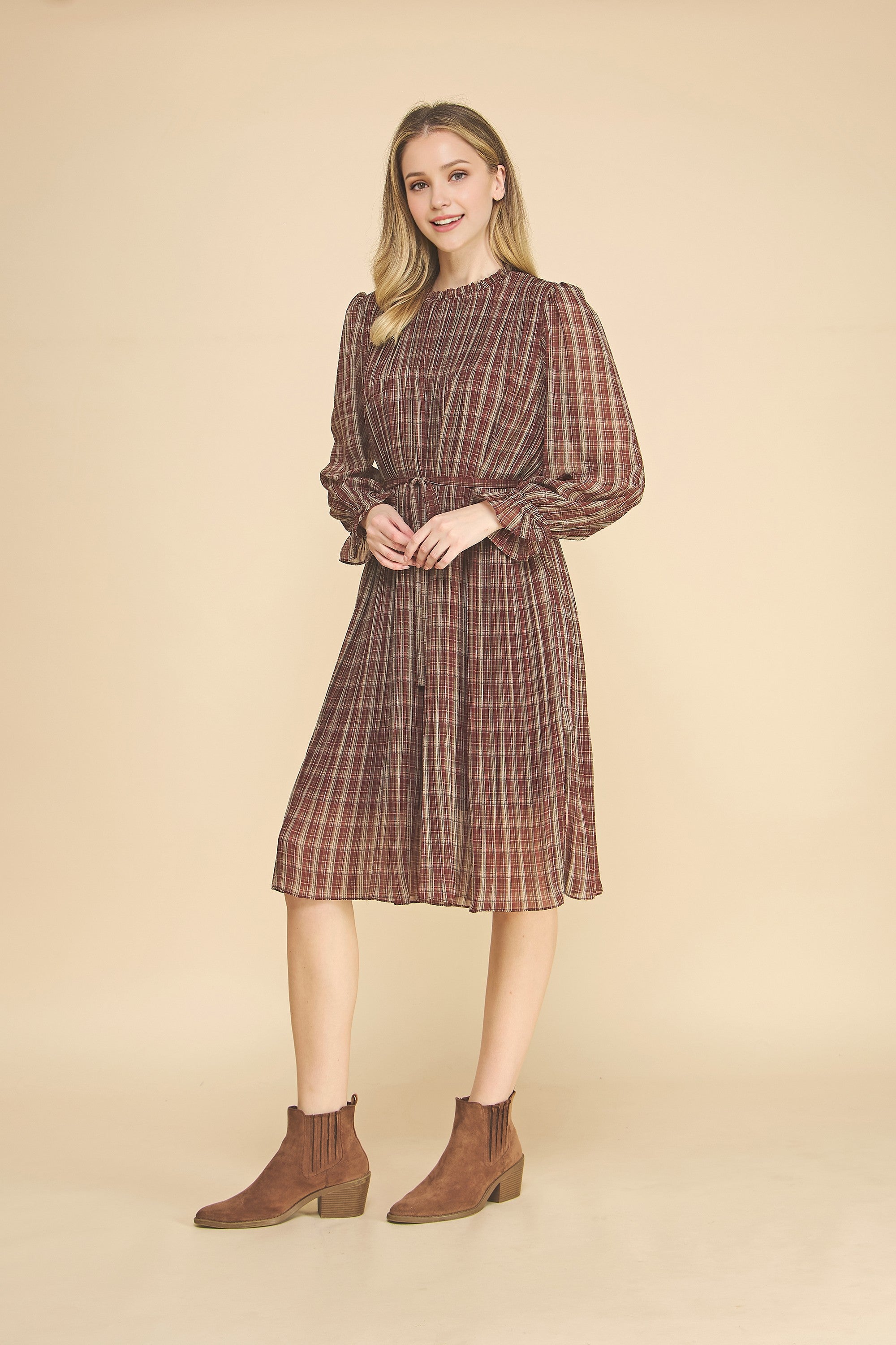 Women's Plaid Waist Tie Midi Dress