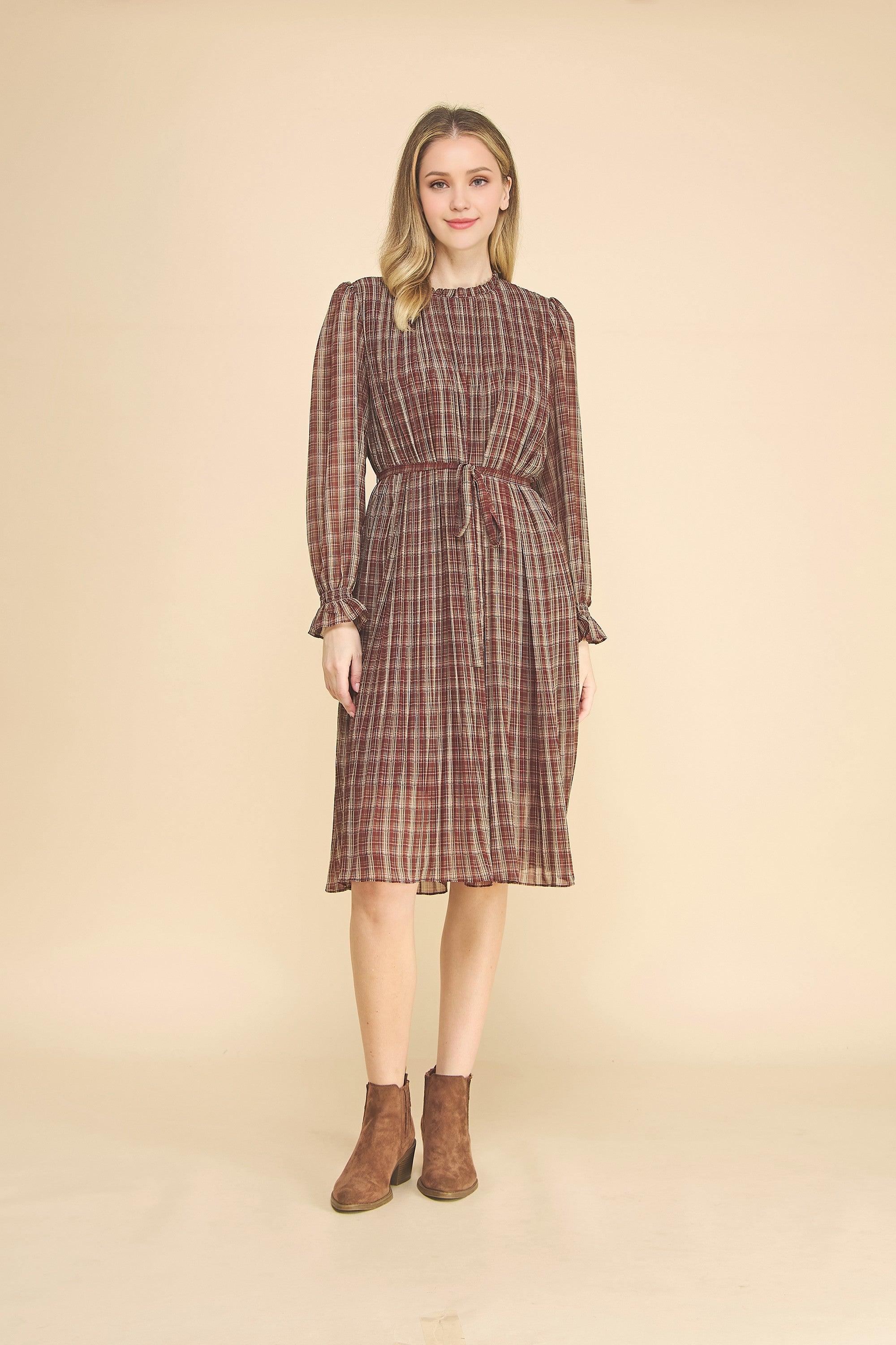 Women's Plaid Waist Tie Midi Dress