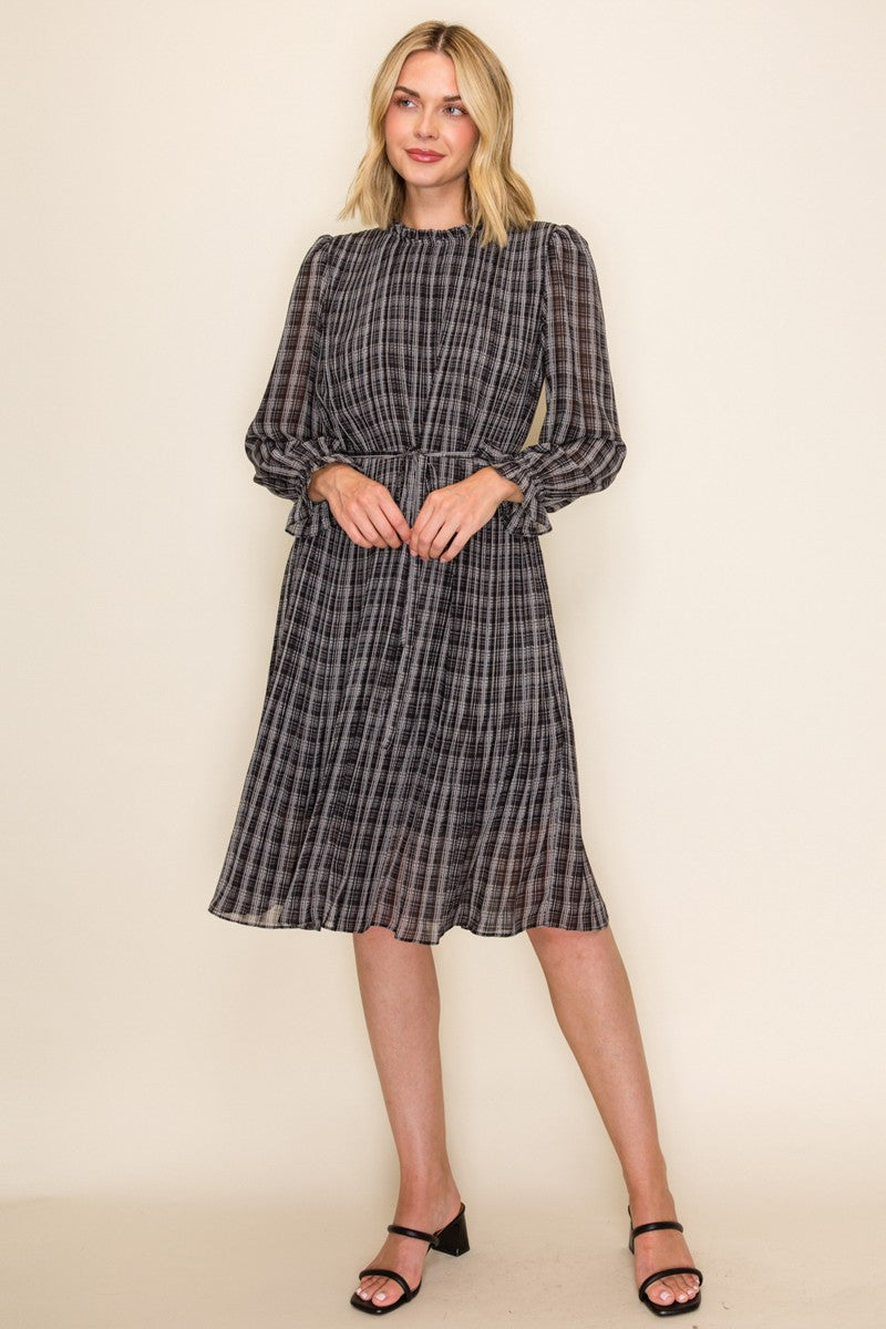 Women's Plaid Waist Tie Midi Dress