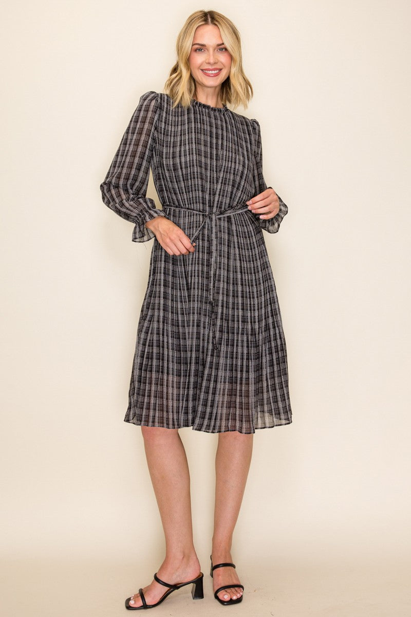 Women's Plaid Waist Tie Midi Dress