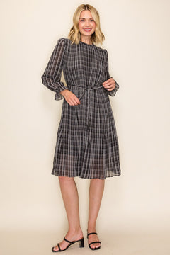 Women's Plaid Waist Tie Midi Dress