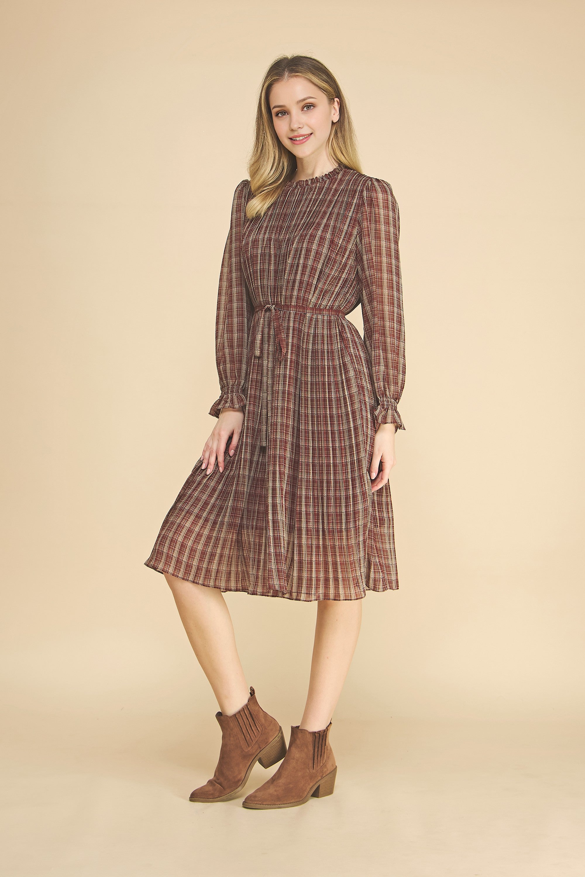 Women's Plaid Waist Tie Midi Dress