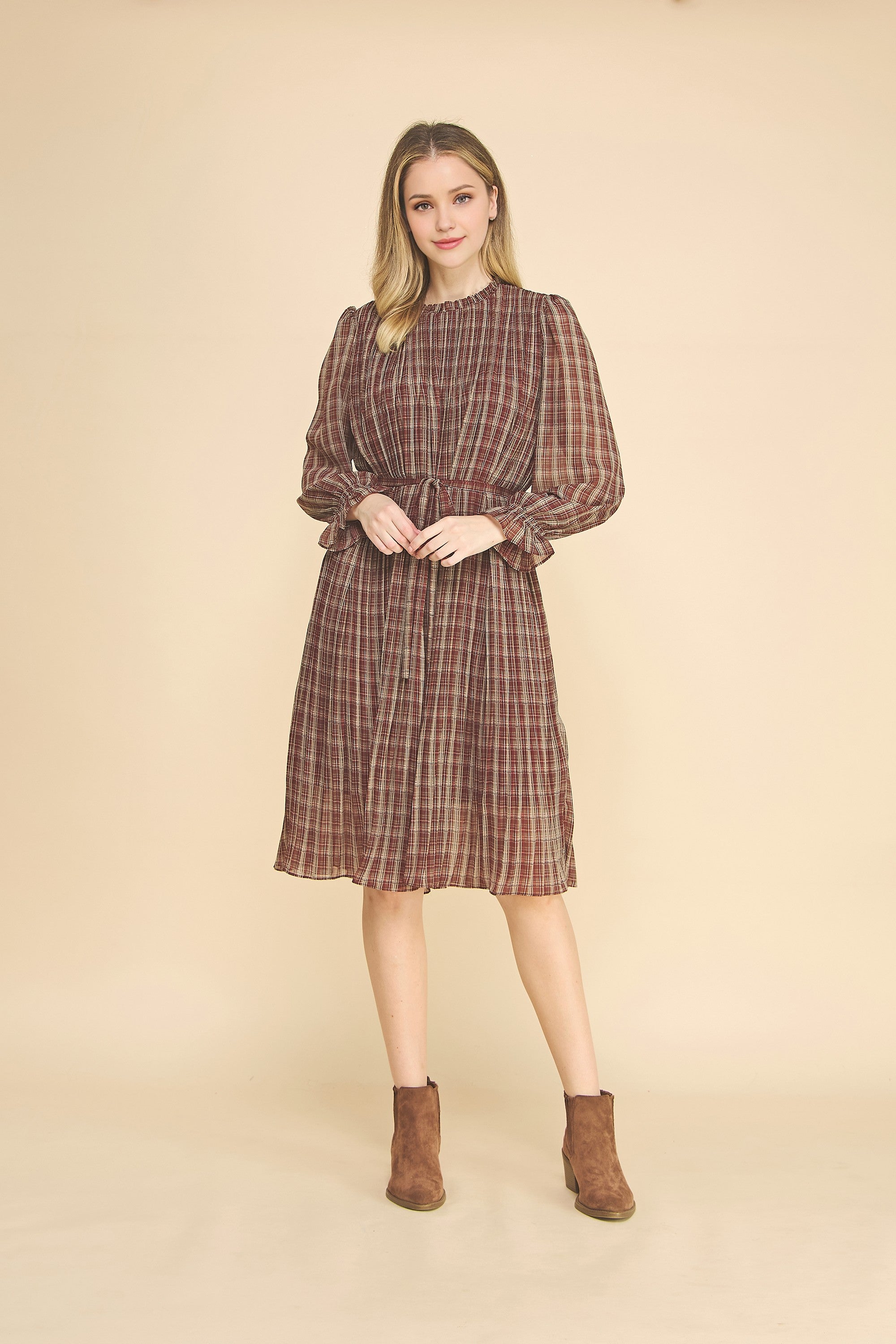 Women's Plaid Waist Tie Midi Dress