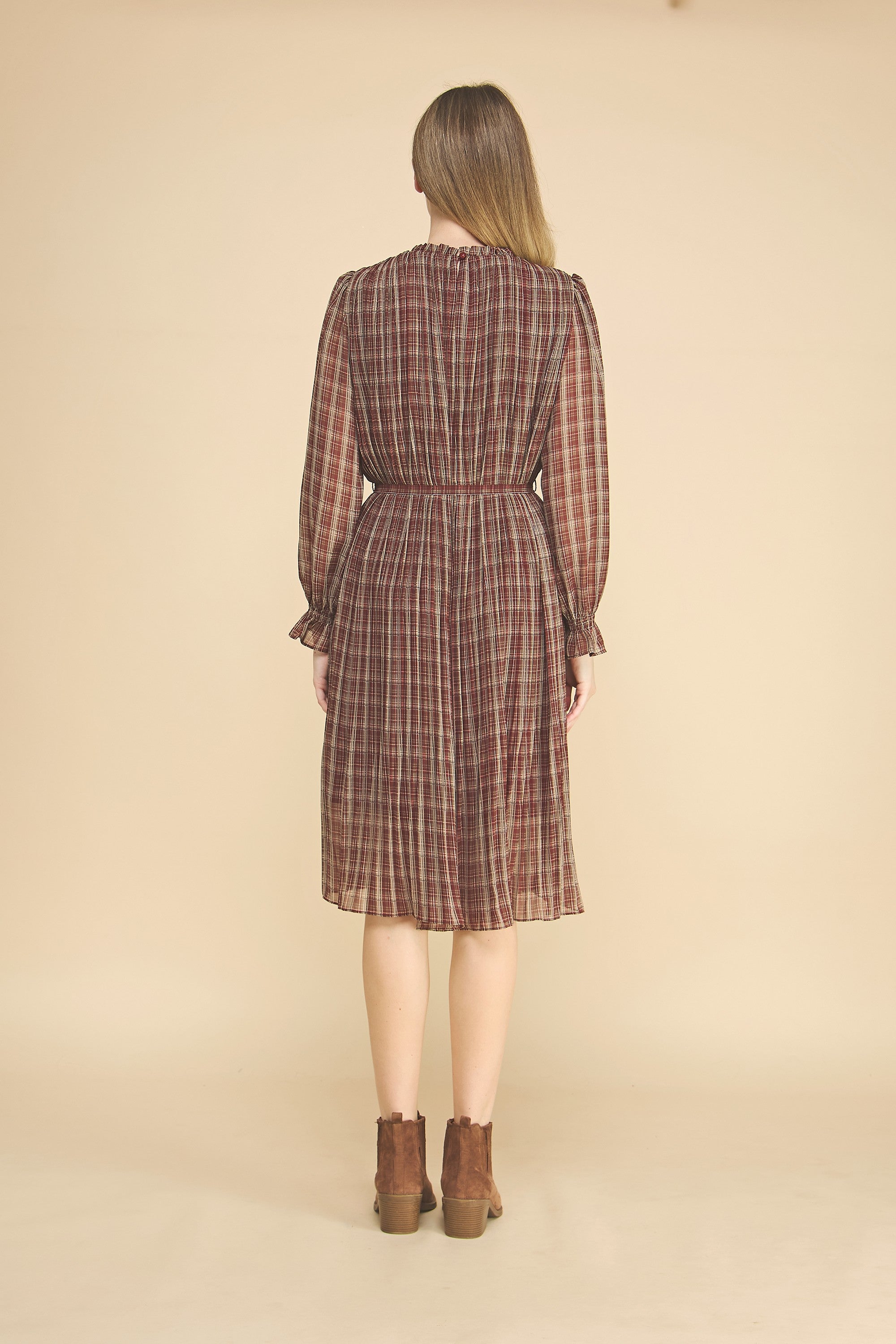 Women's Plaid Waist Tie Midi Dress