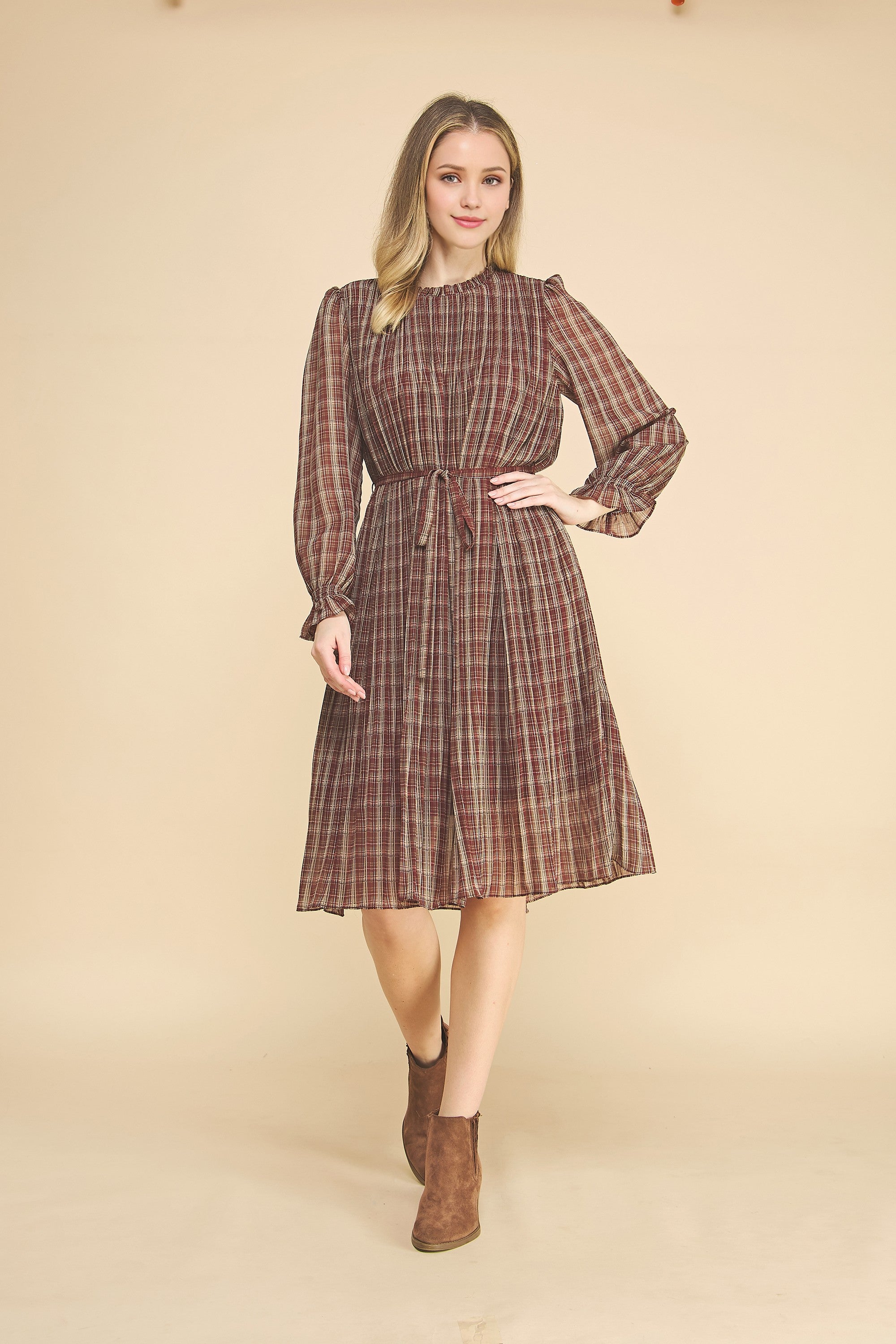 Women's Plaid Waist Tie Midi Dress Plus Size